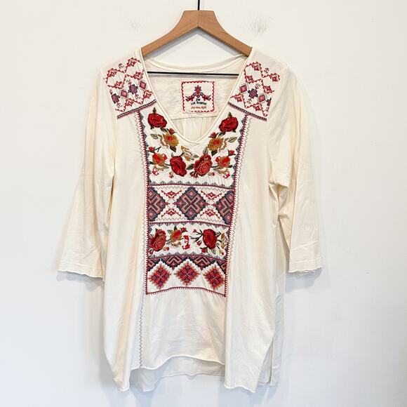Johnny Was Tops - Johnny Was Floral Embroidered V-Neck Tunic Cream Size L